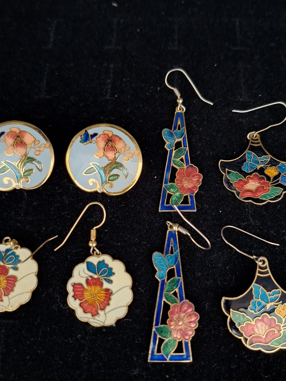 Floral Cloisonné  Earrings - Blue, Pink & Gold